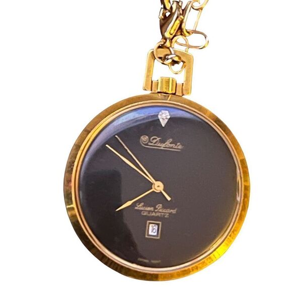 Vtg Dufonte Lucien Piccard Quartz Women’s Watch Necklace Gold Tone Black Face - Picture 4 of 14